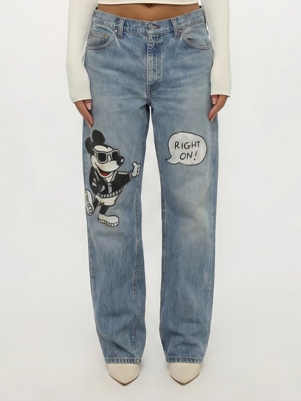80s Hand-Painted Mickey Mouse Vintage Levi's Jeans "Right On!" Medium Wash